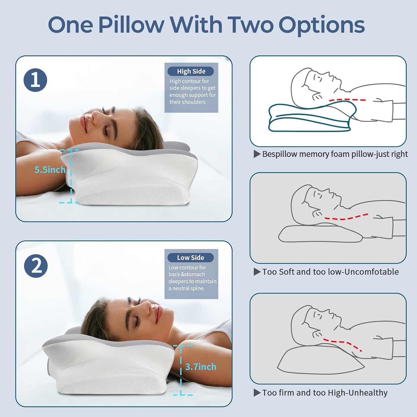 Cervical Neck Pillow for Pain Relief - Ergonomic Side Sleeper Pillow for Neck Support, Cooling Memory Foam Pillows, Contour Pillow Orthopedic Bed Pillow for Back Stomach Sleepers (Dark Grey)